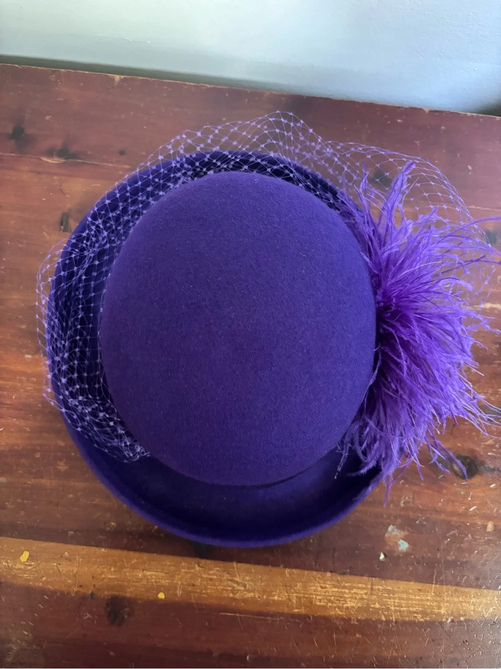 Vintage Purple Feather Trim Felt Cocktail Hat with Net Veil & Ostrich Feather